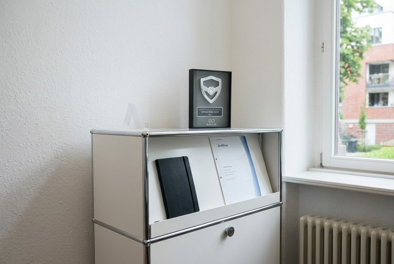 Büroregal mit Auszeichnung und Zertifikaten als Zeichen für Vertrauen